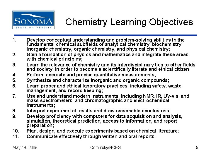 Chemistry Learning Objectives 1. 2. 3. 4. 5. 6. 7. 8. 9. 10. 11.