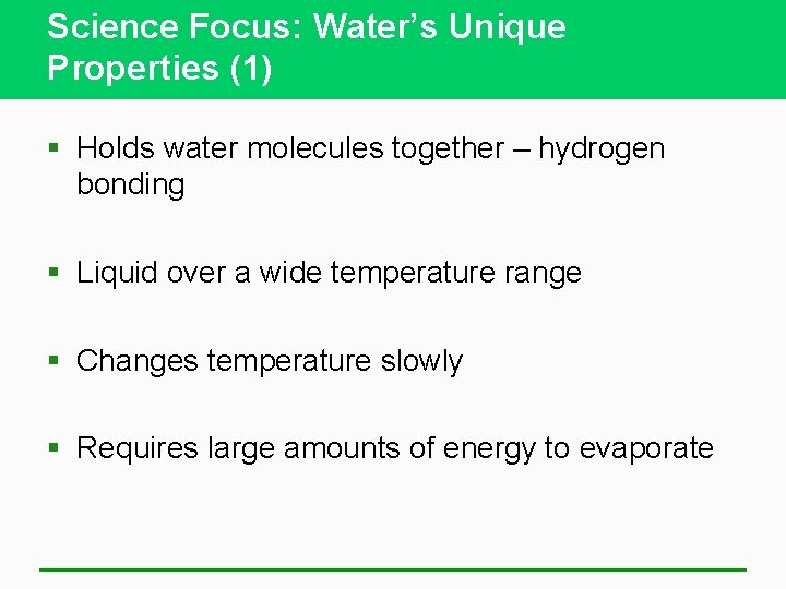 Science Focus: Water’s Unique Properties (1) § Holds water molecules together – hydrogen bonding