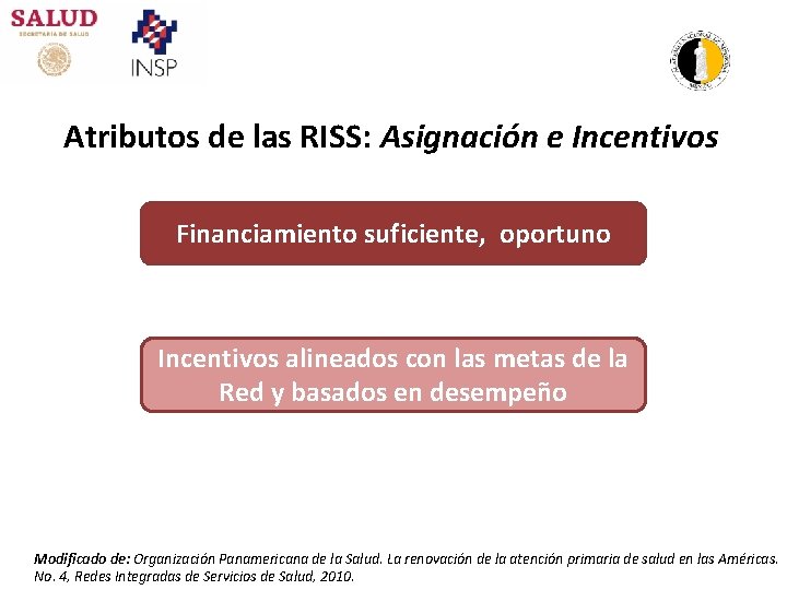 Atributos de las RISS: Asignación e Incentivos Financiamiento suficiente, oportuno Incentivos alineados con las