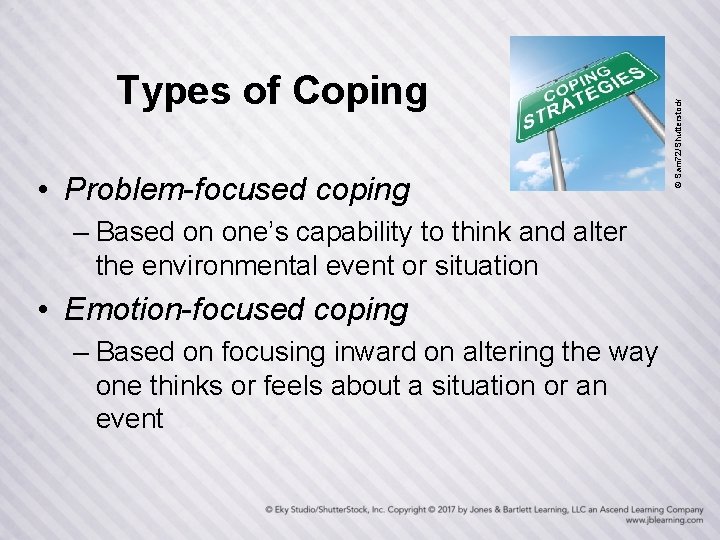  • Problem-focused coping – Based on one’s capability to think and alter the