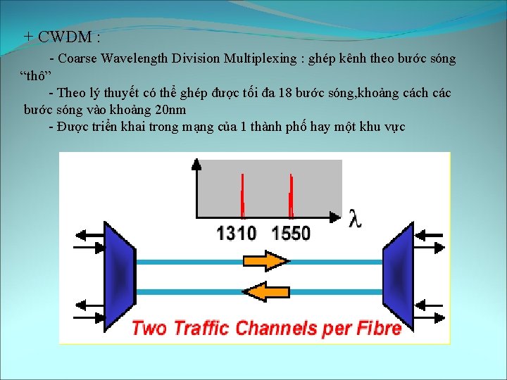 + CWDM : - Coarse Wavelength Division Multiplexing : ghép kênh theo bước sóng