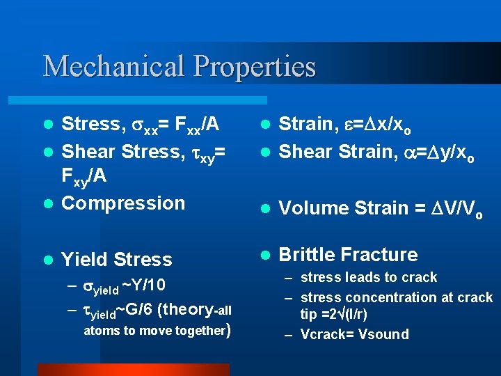 Mechanical Properties Stress, xx= Fxx/A l Shear Stress, xy= Fxy/A l Compression l l