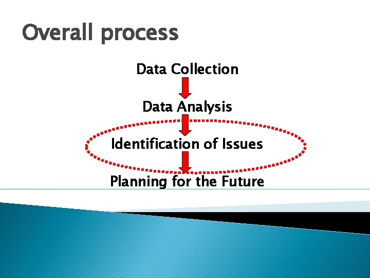 Overall process Data Collection Data Analysis Identification of Issues Planning for the Future 