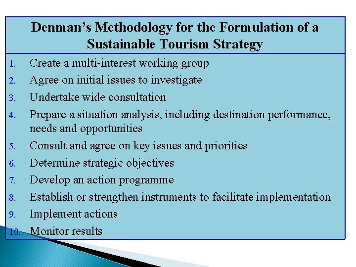 Denman’s Methodology for the Formulation of a Sustainable Tourism Strategy Create a multi-interest working