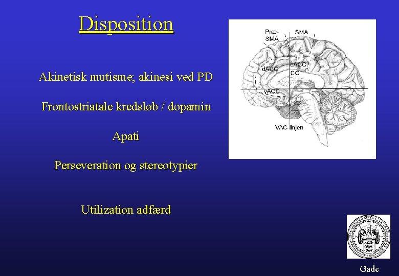Disposition Akinetisk mutisme; akinesi ved PD Frontostriatale kredsløb / dopamin Apati Perseveration og stereotypier