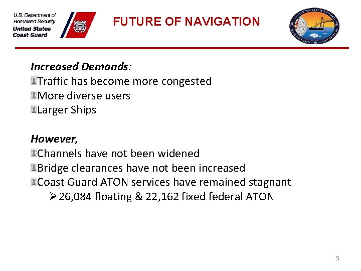 FUTURE OF NAVIGATION Increased Demands: Traffic has become more congested More diverse users Larger