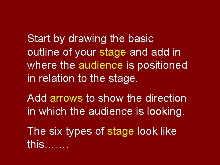 Start by drawing the basic outline of your stage and add in where the