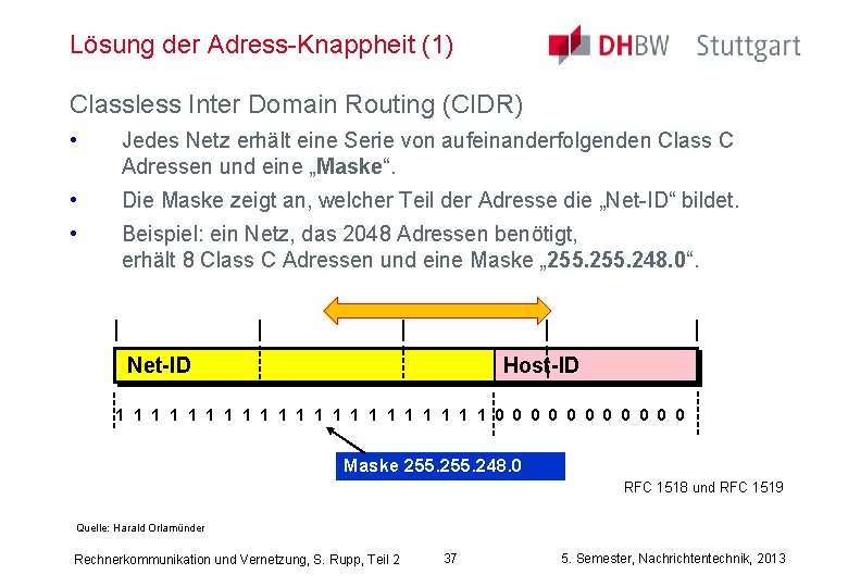Lösung der Adress-Knappheit (1) Classless Inter Domain Routing (CIDR) • Jedes Netz erhält eine