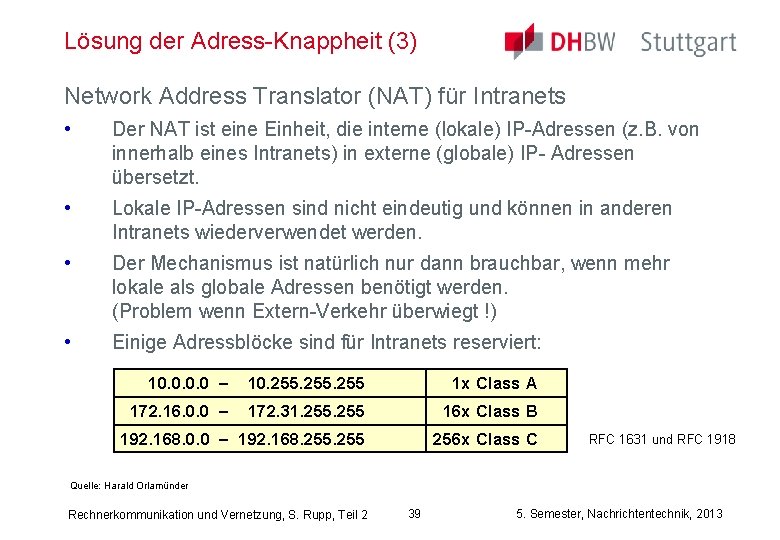 Lösung der Adress-Knappheit (3) Network Address Translator (NAT) für Intranets • Der NAT ist