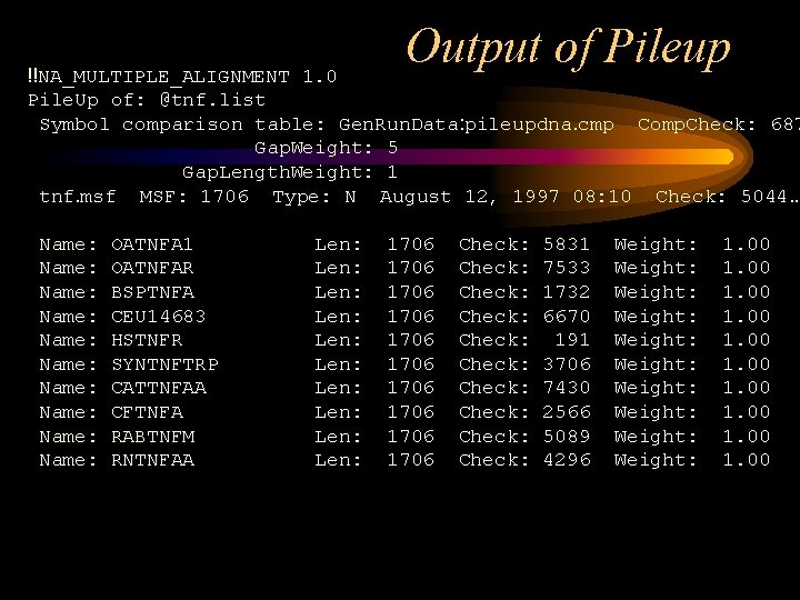 Output of Pileup !!NA_MULTIPLE_ALIGNMENT 1. 0 Pile. Up of: @tnf. list Symbol comparison table: