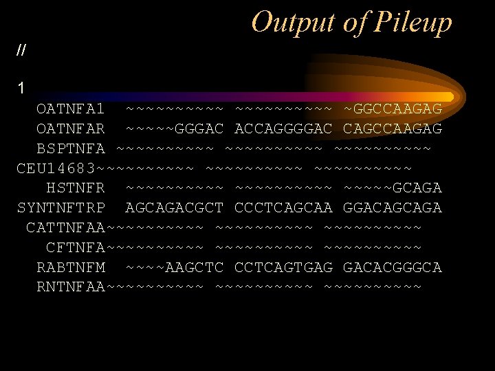 Output of Pileup // 1 OATNFA 1 ~~~~~~~~~~ ~GGCCAAGAG OATNFAR ~~~~~GGGAC ACCAGGGGAC CAGCCAAGAG BSPTNFA
