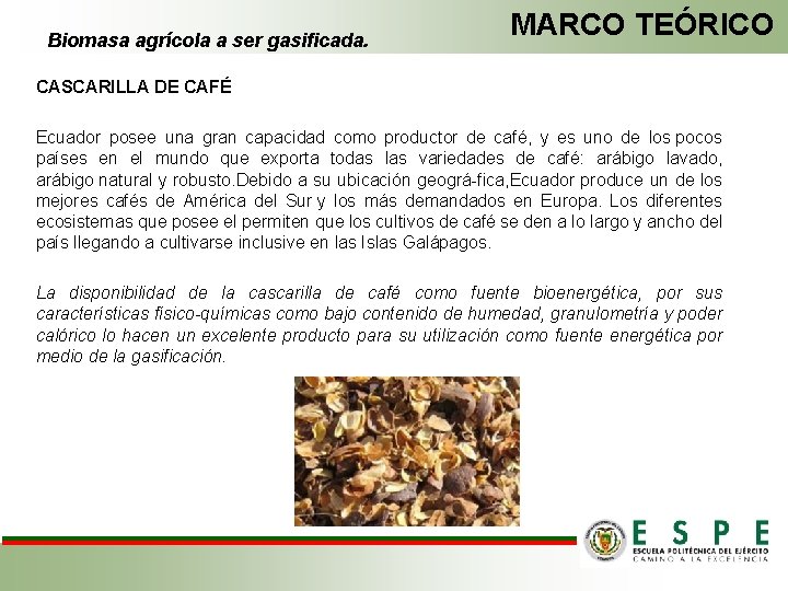 Biomasa agrícola a ser gasificada. MARCO TEÓRICO CASCARILLA DE CAFÉ Ecuador posee una gran