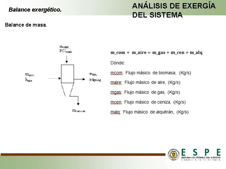 Balance exergético. Balance de masa. ANÁLISIS DE EXERGÍA DEL SISTEMA 