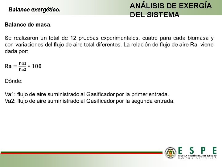 Balance exergético. ANÁLISIS DE EXERGÍA DEL SISTEMA 