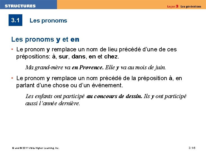 3. 1 Les pronoms y et en • Le pronom y remplace un nom