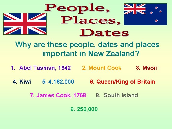 Why are these people, dates and places important in New Zealand? 1. Abel Tasman,