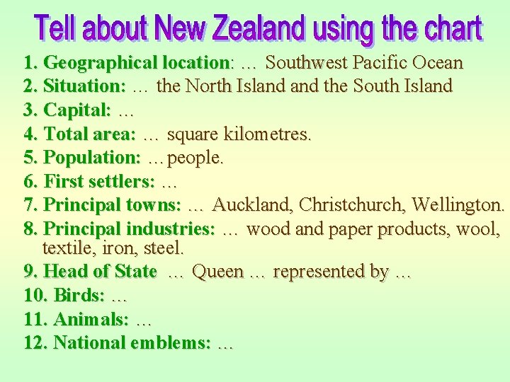 1. Geographical location: … Southwest Pacific Ocean 2. Situation: … the North Island the