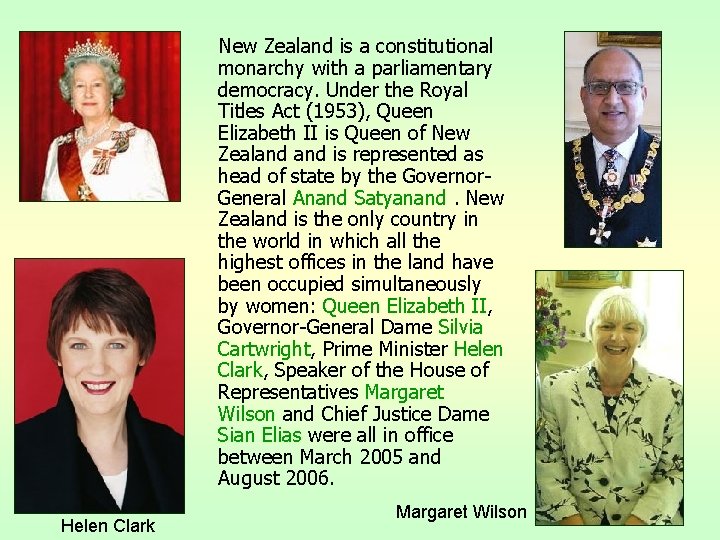 New Zealand is a constitutional monarchy with a parliamentary democracy. Under the Royal Titles