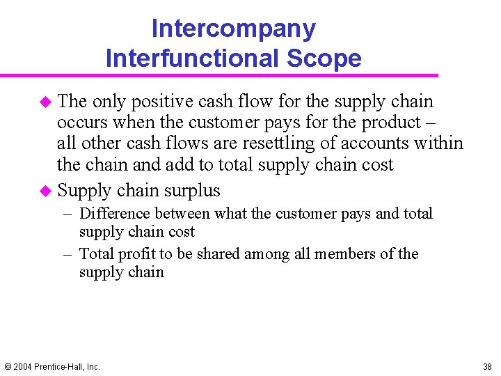 Intercompany Interfunctional Scope u The only positive cash flow for the supply chain occurs