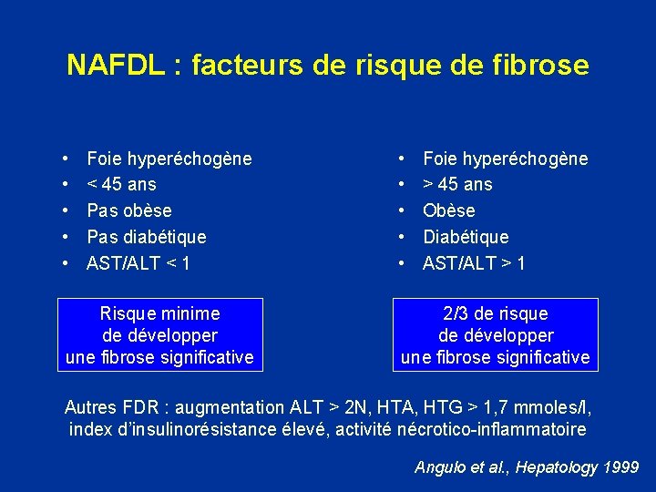 NAFDL : facteurs de risque de fibrose • • • Foie hyperéchogène < 45