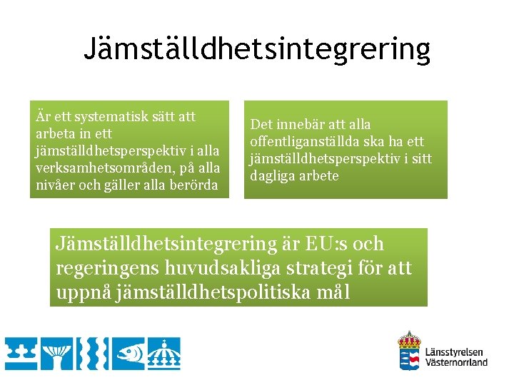 Jämställdhetsintegrering Är ett systematisk sätt arbeta in ett jämställdhetsperspektiv i alla verksamhetsområden, på alla