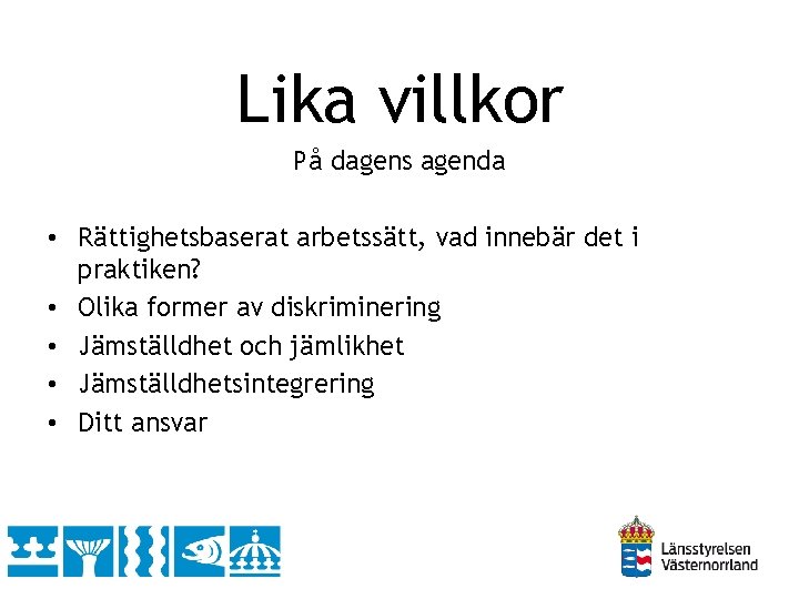 Lika villkor På dagens agenda • Rättighetsbaserat arbetssätt, vad innebär det i praktiken? •