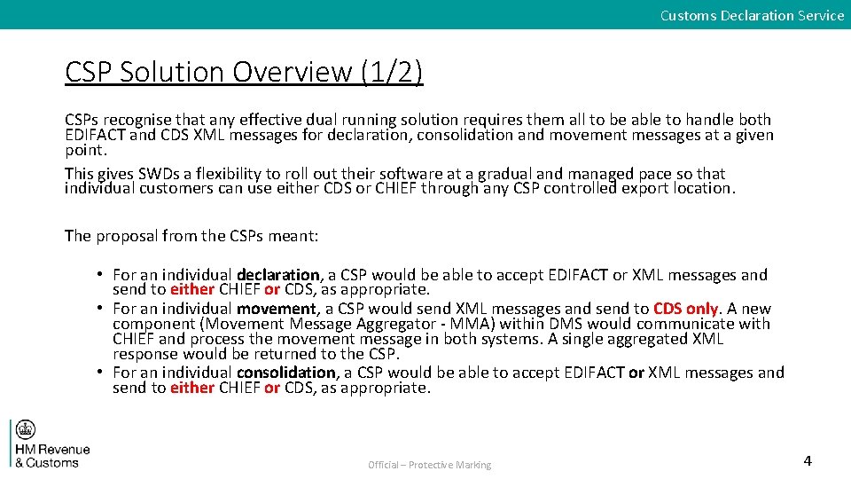 Customs Declaration Service CSP Solution Overview (1/2) CSPs recognise that any effective dual running