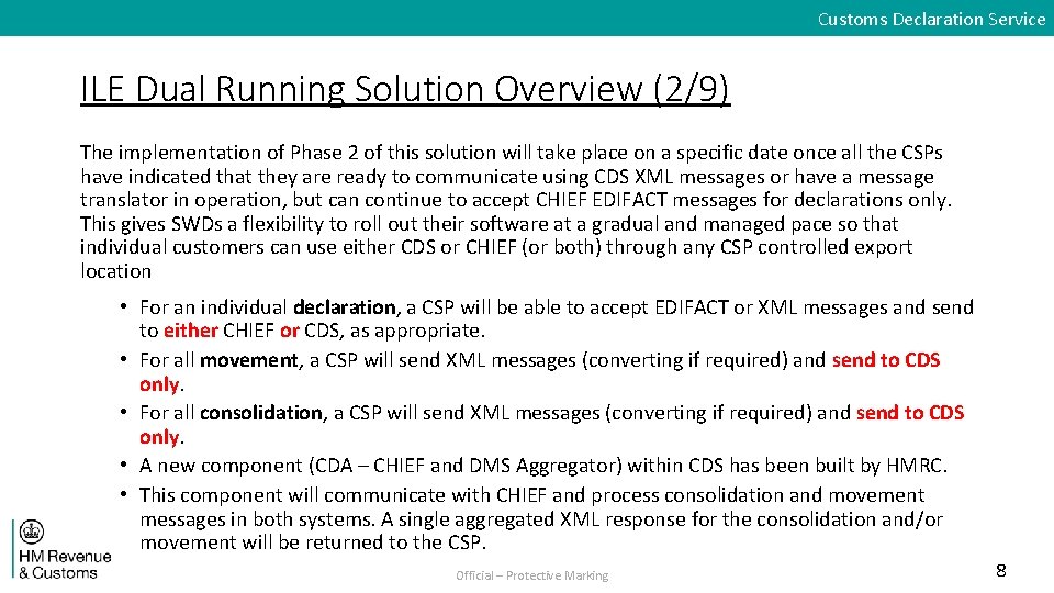 Customs Declaration Service ILE Dual Running Solution Overview (2/9) The implementation of Phase 2