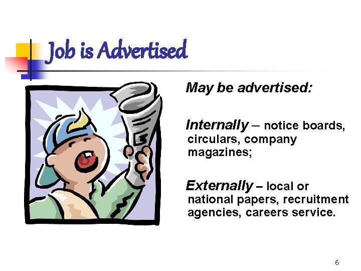 Job is Advertised May be advertised: Internally – notice boards, circulars, company magazines; Externally