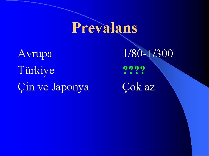 Prevalans Avrupa Türkiye Çin ve Japonya 1/80 -1/300 ? ? Çok az 