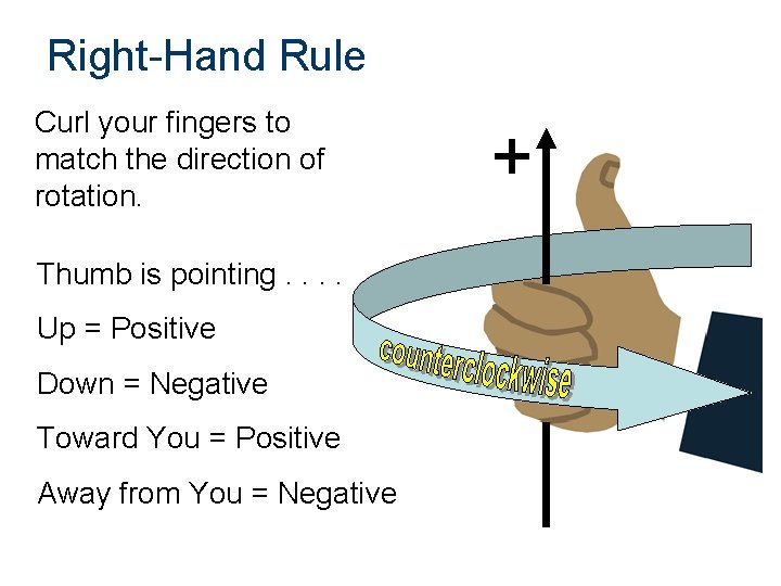 Right-Hand Rule Curl your fingers to match the direction of rotation. Thumb is pointing.