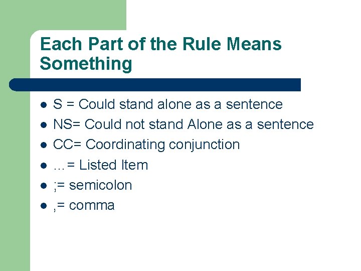 Each Part of the Rule Means Something l l l S = Could stand