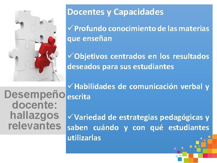 Docentes y Capacidades üProfundo conocimiento de las materias que enseñan üObjetivos centrados en los