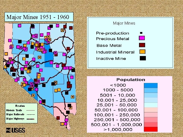 Major Mines 1951 - 1960 Major Mines Historic Trails Major Railroads Major Highways 