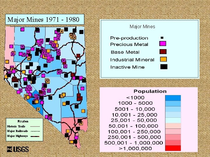 Major Mines 1971 - 1980 Major Mines Historic Trails Major Railroads Major Highways 