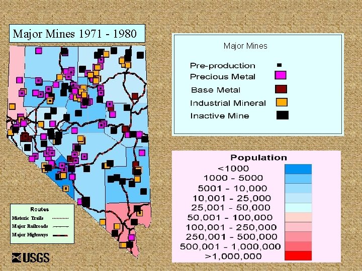 Major Mines 1971 - 1980 Major Mines Historic Trails Major Railroads Major Highways 
