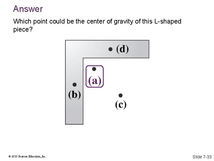 Answer Which point could be the center of gravity of this L-shaped piece? (a)