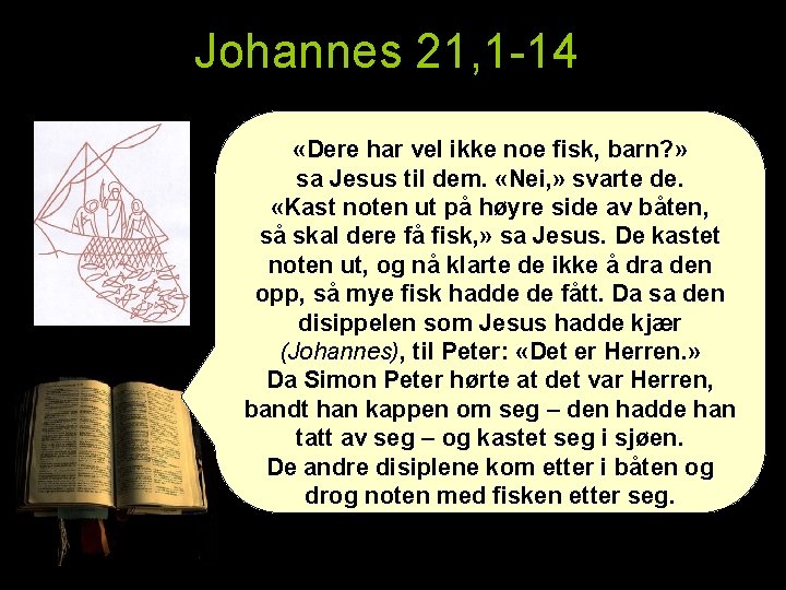 Johannes 21, 1 -14 «Dere har vel ikke noe fisk, barn? » sa Jesus