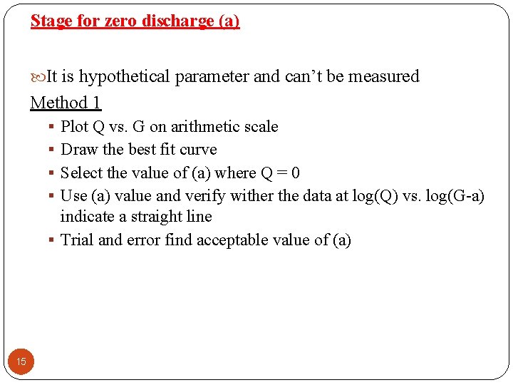 Stage for zero discharge (a) It is hypothetical parameter and can’t be measured Method