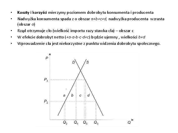  • • • Koszty i korzyści mierzymy poziomem dobrobytu konsumenta i producenta Nadwyżka