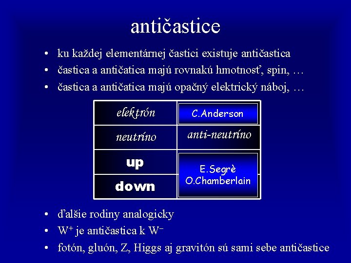 antičastice • ku každej elementárnej častici existuje antičastica • častica a antičatica majú rovnakú
