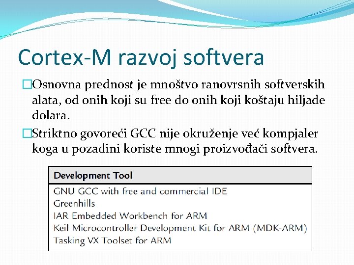 Cortex-M razvoj softvera �Osnovna prednost je mnoštvo ranovrsnih softverskih alata, od onih koji su