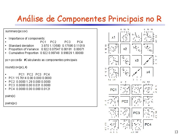 Análise de Componentes Principais no R summary(pccov) • • • Importance of components: PC