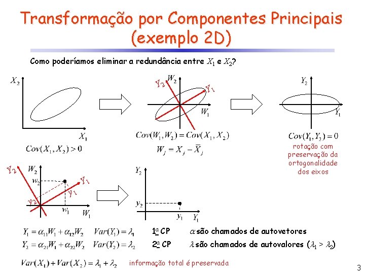 Transformação por Componentes Principais (exemplo 2 D) Como poderíamos eliminar a redundância entre X