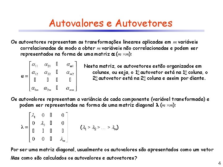 Autovalores e Autovetores Os autovetores representam as transformações lineares aplicadas em m variáveis correlacionadas