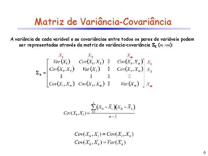 Matriz de Variância-Covariância A variância de cada variável e as covariâncias entre todos os
