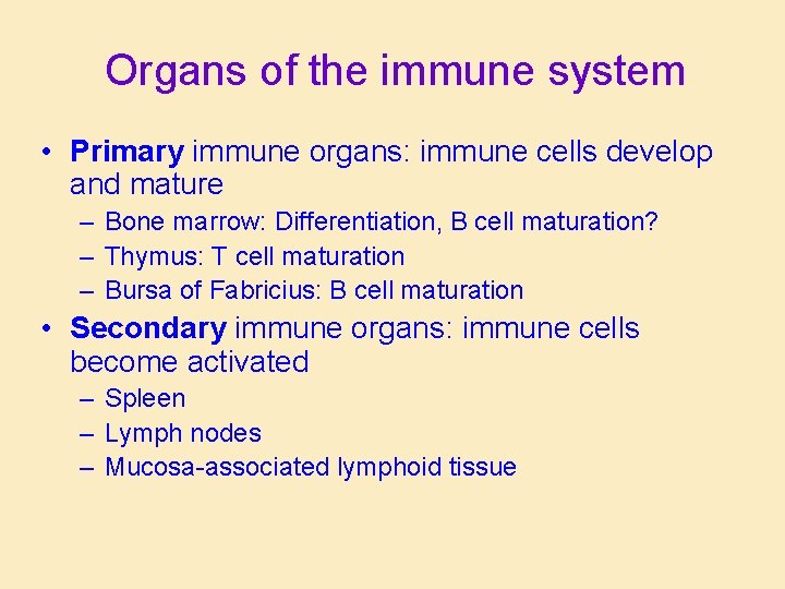 Organs of the immune system • Primary immune organs: immune cells develop and mature Organs of the immune system • Primary immune organs: immune cells develop and mature