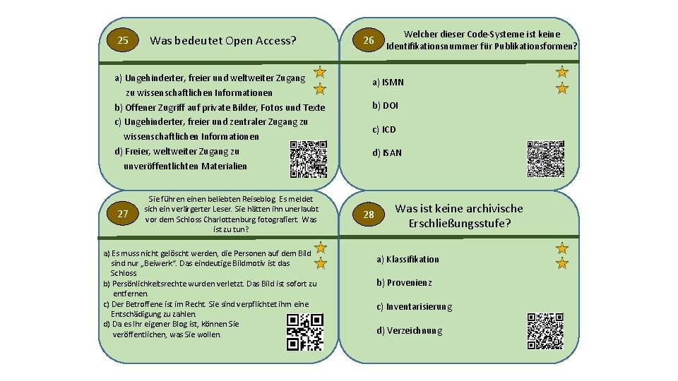 25 Was bedeutet Open Access? a) Ungehinderter, freier und weltweiter Zugang zu wissenschaftlichen Informationen