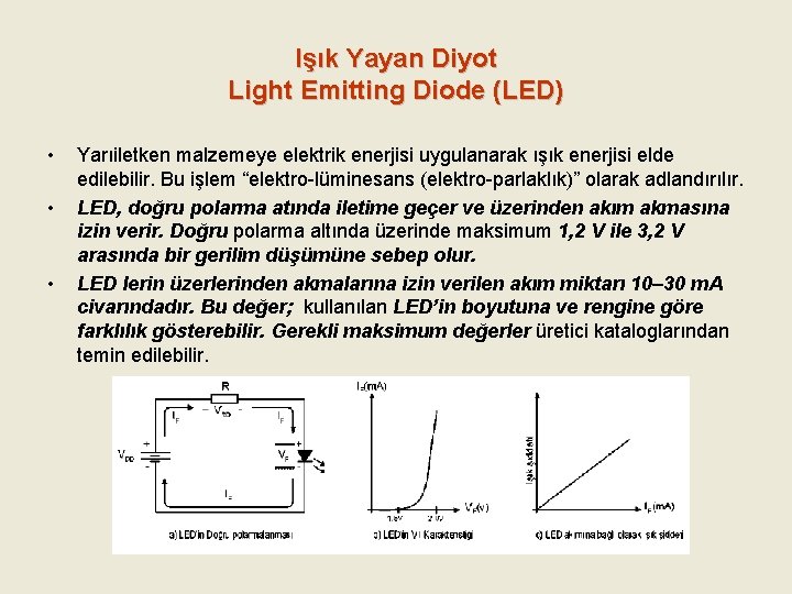 Işık Yayan Diyot Light Emitting Diode (LED) • • • Yarıiletken malzemeye elektrik enerjisi