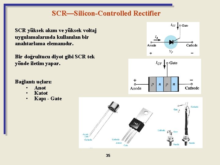 SCR—Silicon-Controlled Rectifier SCR yüksek akım ve yüksek voltaj uygulamalarında kullanılan bir anahtarlama elemanıdır. Bir